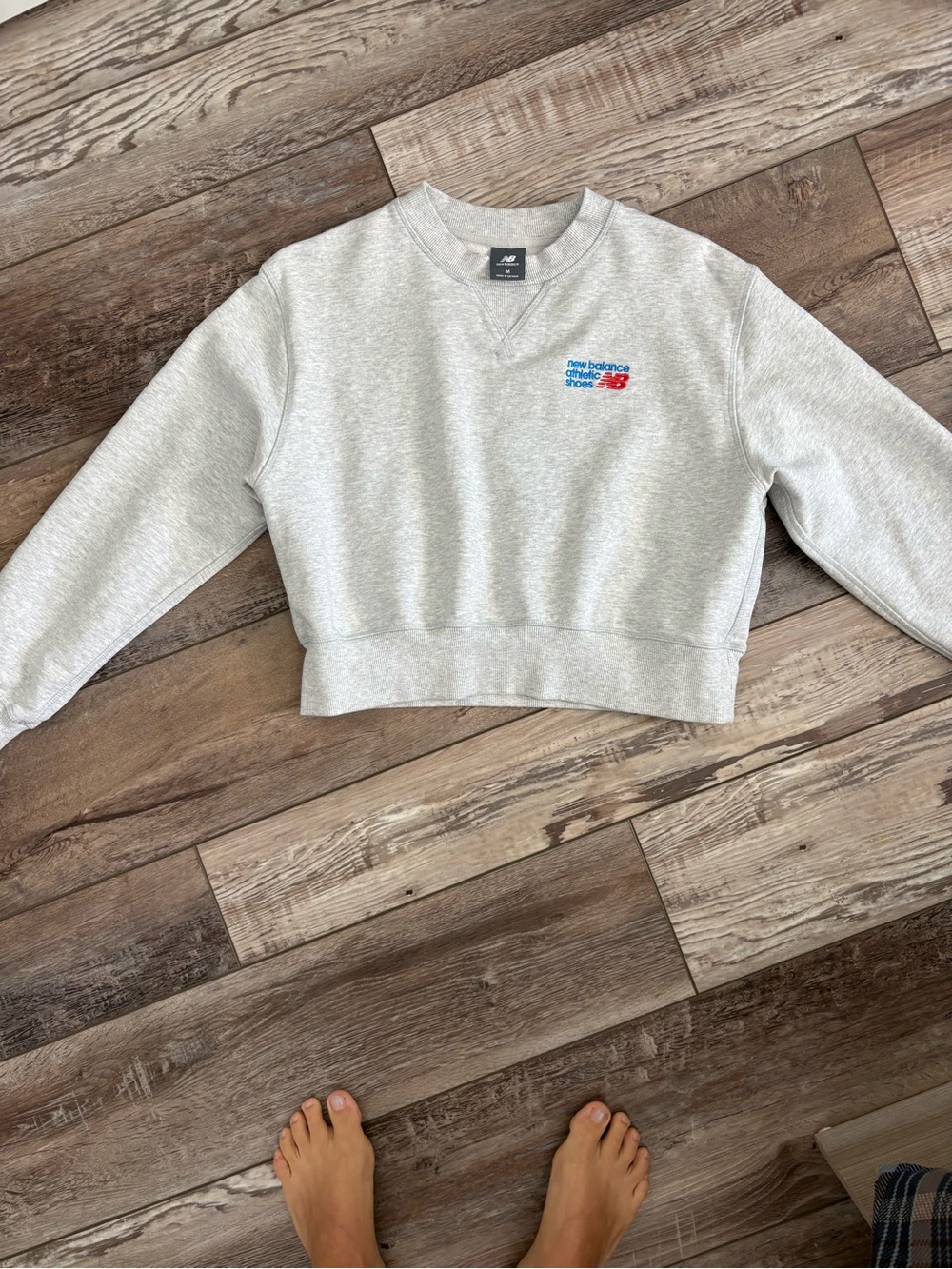 New Balance Light Gray Cropped Crew Sweatshirt with Blue & Red Logo